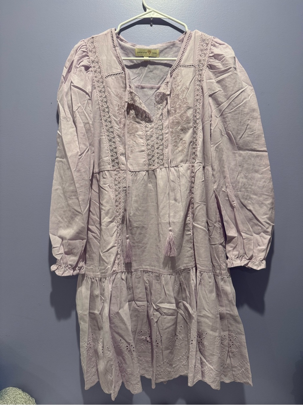 Lavender Eyelet Long Sleeve Boho Dress with Tassel Tie